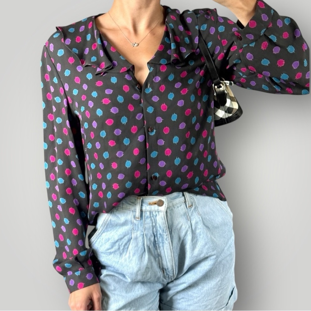 Grace Stretch 80s Polka Dot Blouse Retro Ruffled Collar Chic Multicolor Sheer